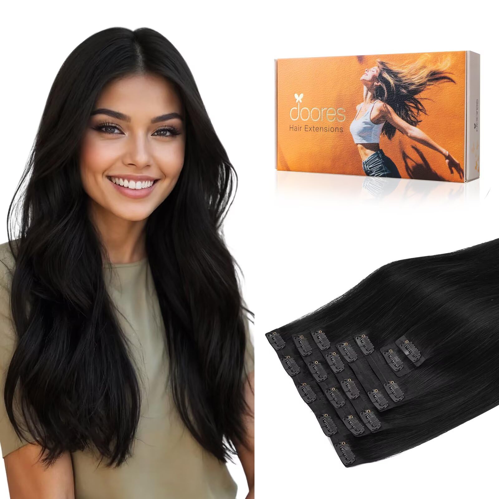 DOORES Jet Black 110g 7pcs 18 Inch Seamless Clip in Human Hair Extensions