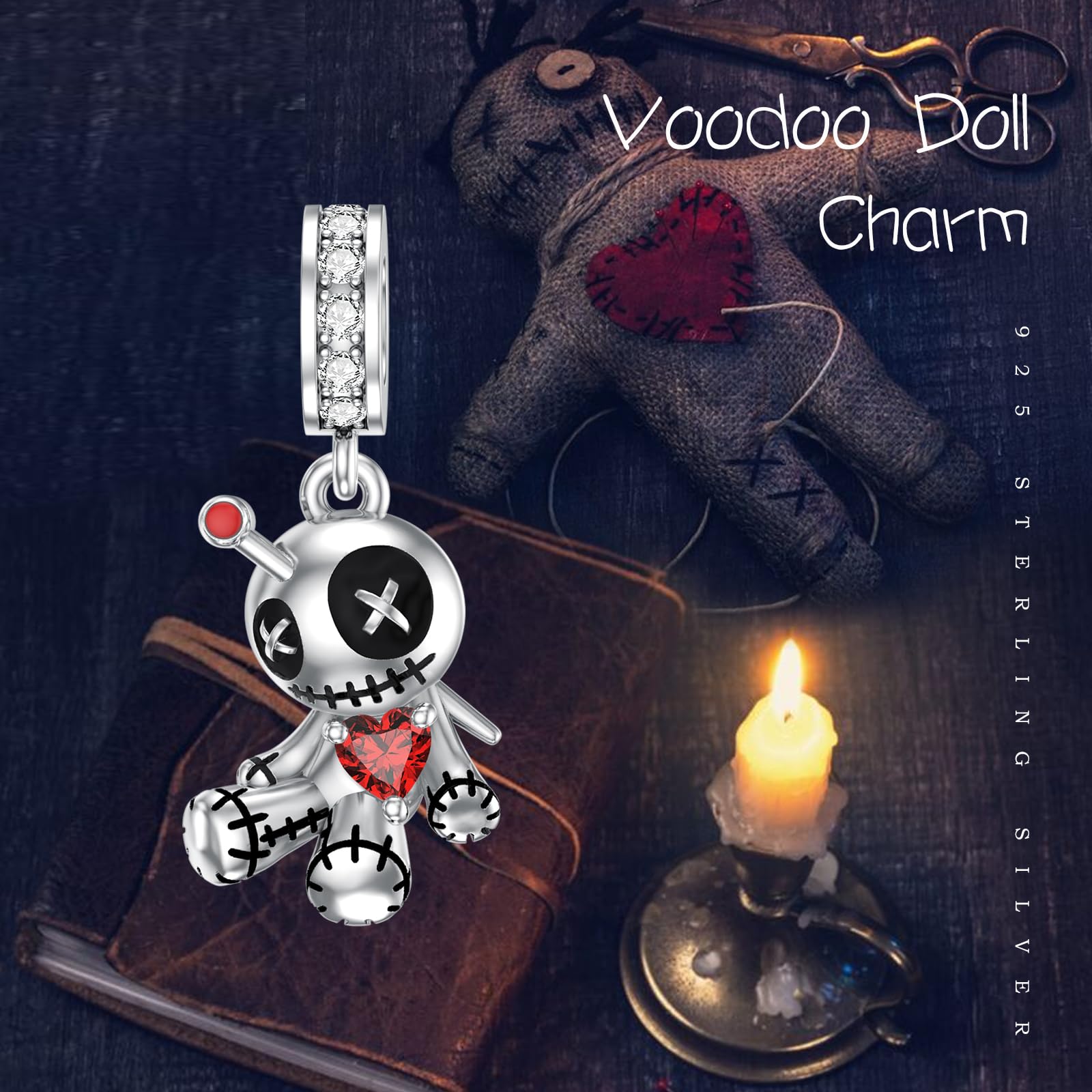 Voodoo zawieszka w kształcie lalki, srebro wysokiej próby 925, gotyckie zwisające, charmsy, koraliki, bransoletka, naszyjnik, Boże Narodzenie, Halloween, prezent dla kobiet, 2.5 Centimeter, Srebro