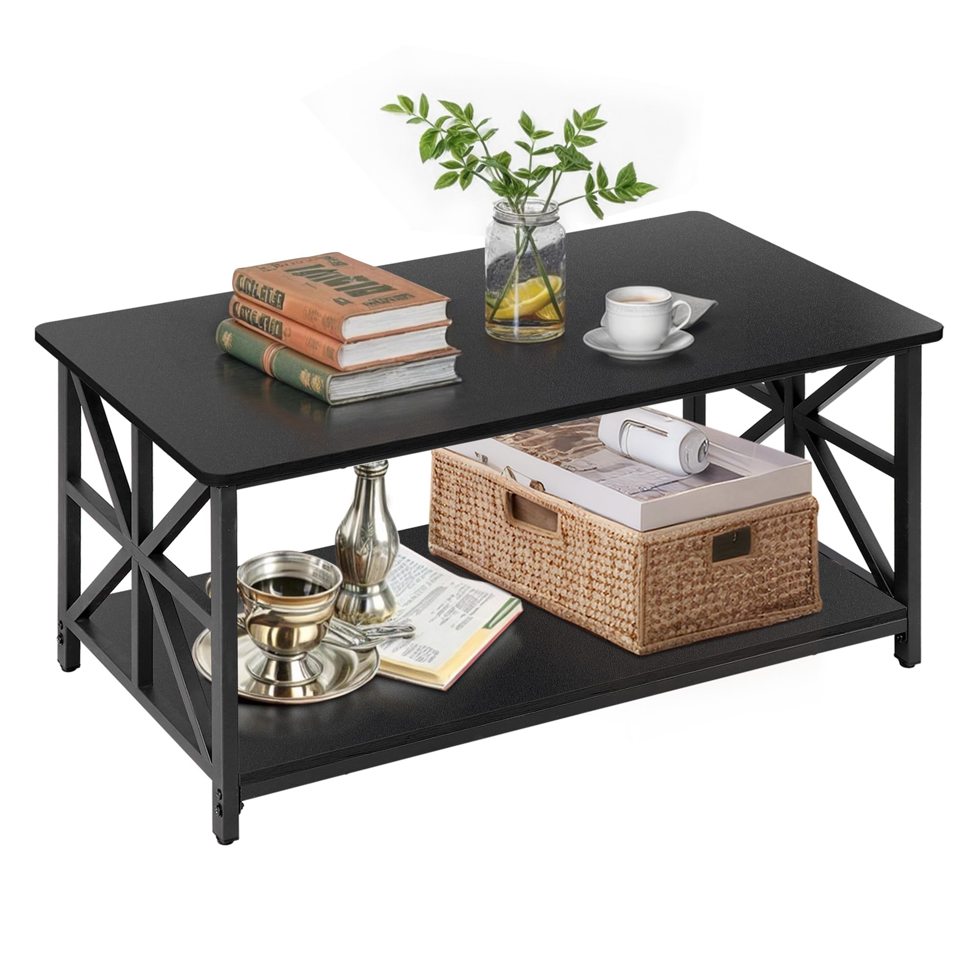 SUPER DEAL 2-Tier Wood Coffee Table with Storage Shelf for Small Apartment Living Room, 39.5 inch Modern Farmhouse TV Stand Side End Table, Black