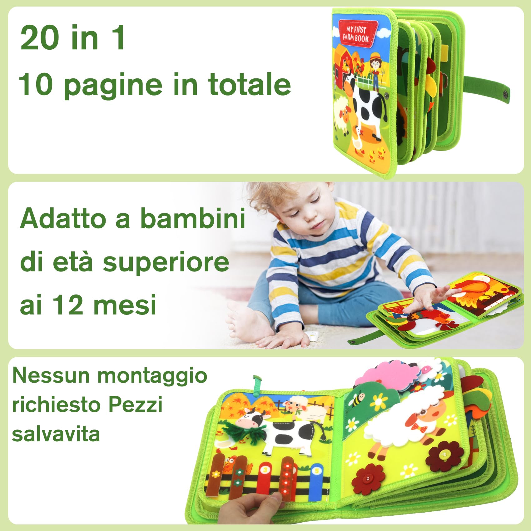 Meafeng Busy Board Libro Montessori Interattivo 1 Anno, Quiet Book sensoriale educativo, Giochi Montessori 1 2 3 4 5 6 Anni, Pannello di Feltro attività, Valigetta Montessori Bambini