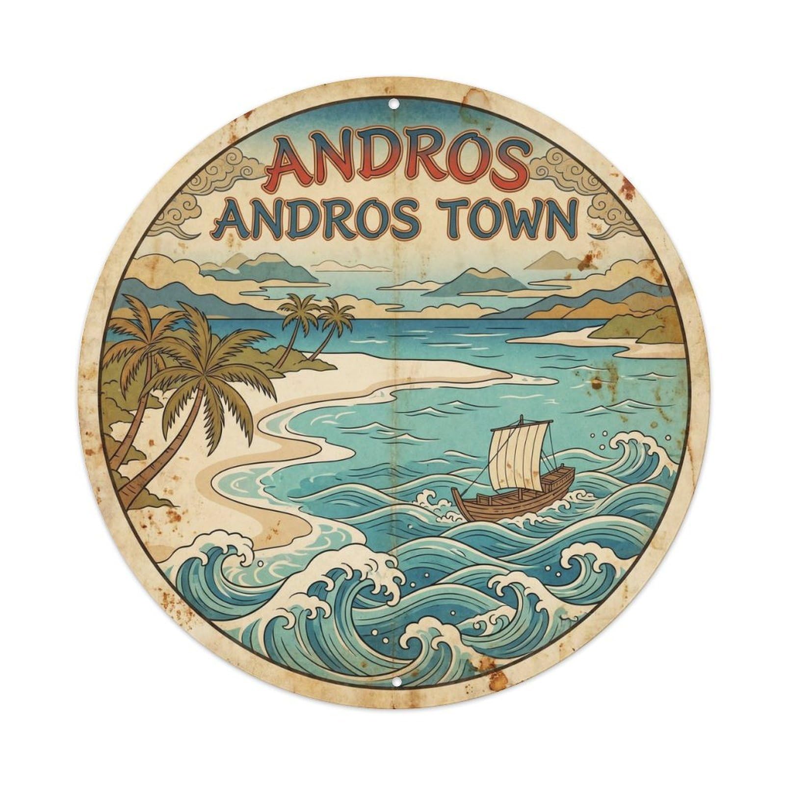 Olhnbad 08X08inch Style Andros Island Town Lagoon Travel Ink Illustration Metal Tin Sign