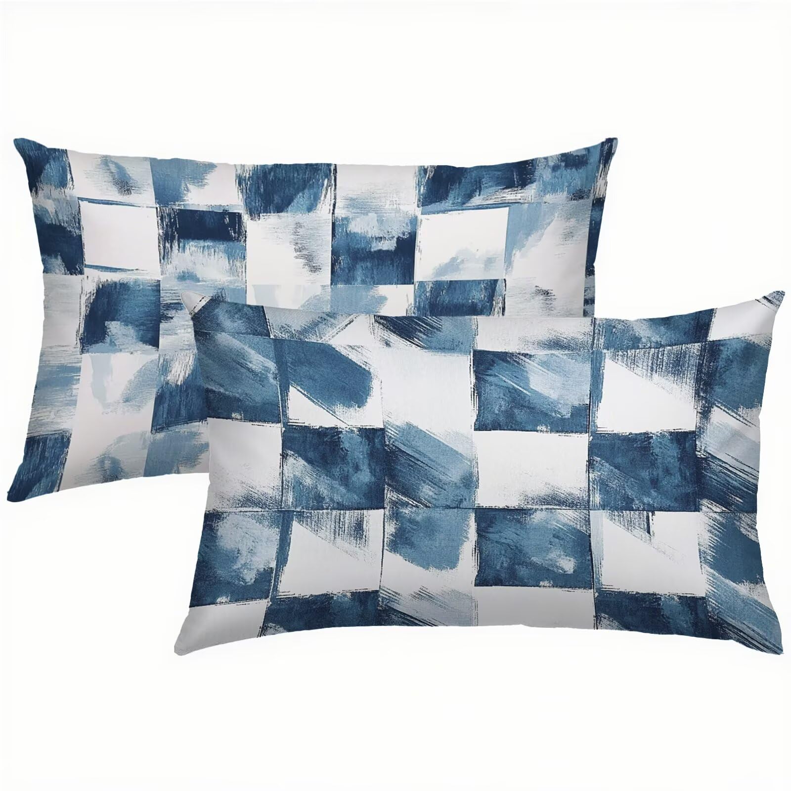 Taies d'oreiller 50 x 80 cm en lin blanc et bleu lot de 2 pour lit et canapé