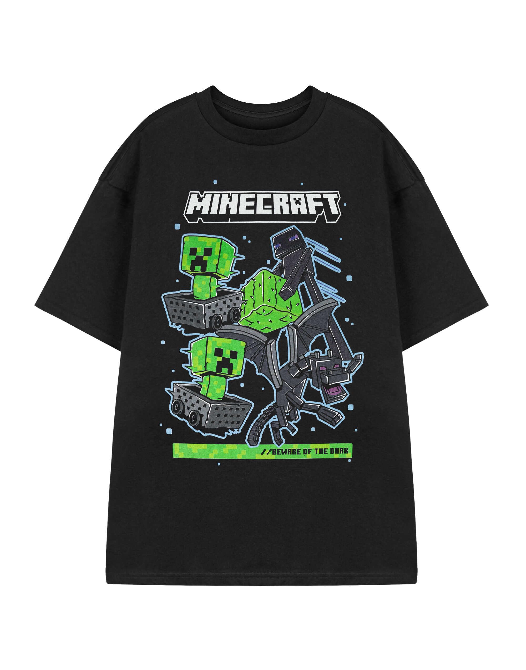 Minecraft Men's Beware Of The Dark Black Graphic Tee | Classic Game Creeper Enderman Tshirt | Plain Top | Casual Wear Crew Neck Short Sleeve Pull On Shirt