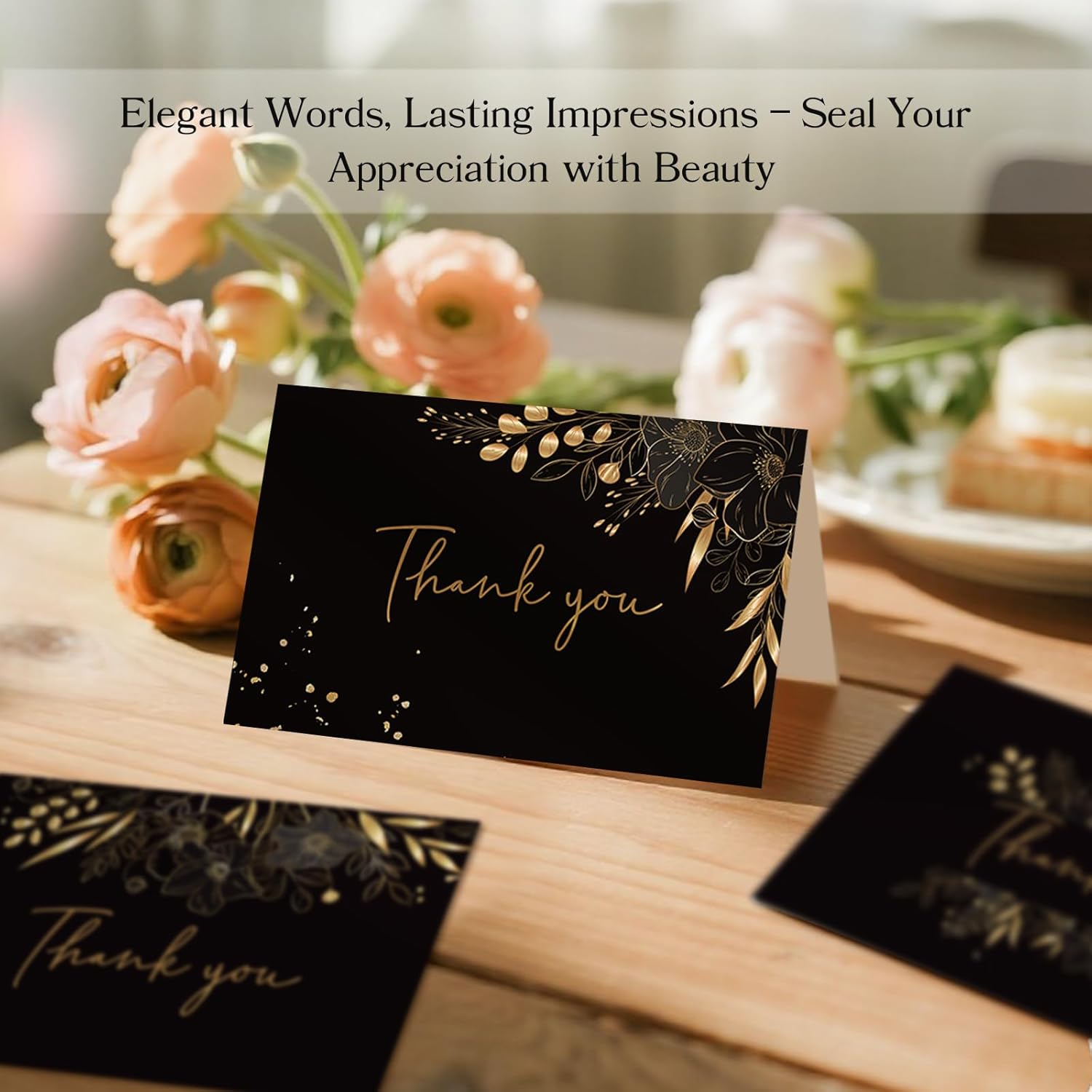 108 Pack Pre-Folded Floral Thank You Cards with Envelopes & Stickers, 6 Elegant Designs for Wedding, Baby Shower, Bridal Shower, Teacher Gifts (Black Gold)
