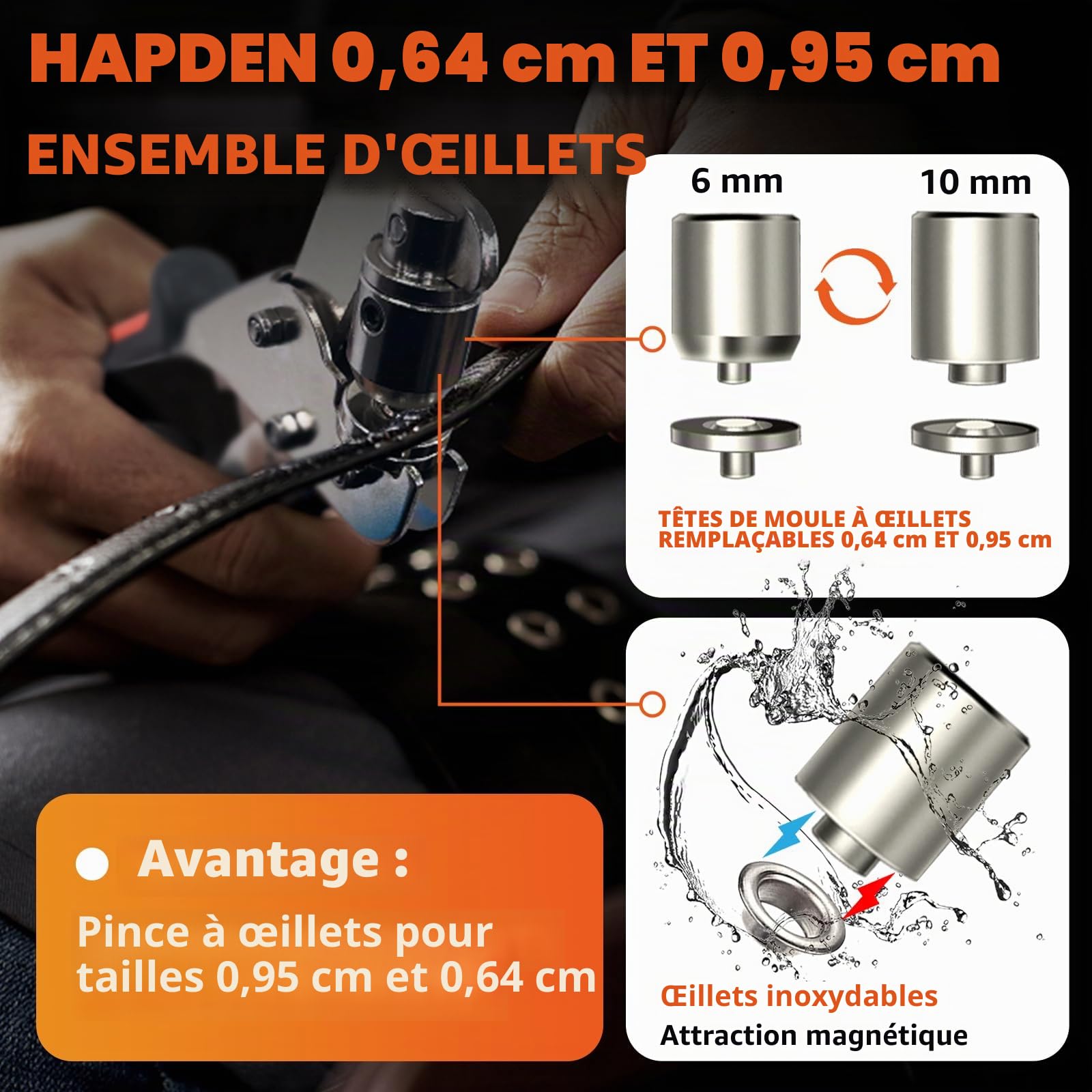 HAPDEN Oeillets Métalliques Kit 6mm et 10mm, Pince à Oeillets pour Bâches et Tissus, set d'oeillets pour Bâches avec 200 Oeillets et Kit d'outils