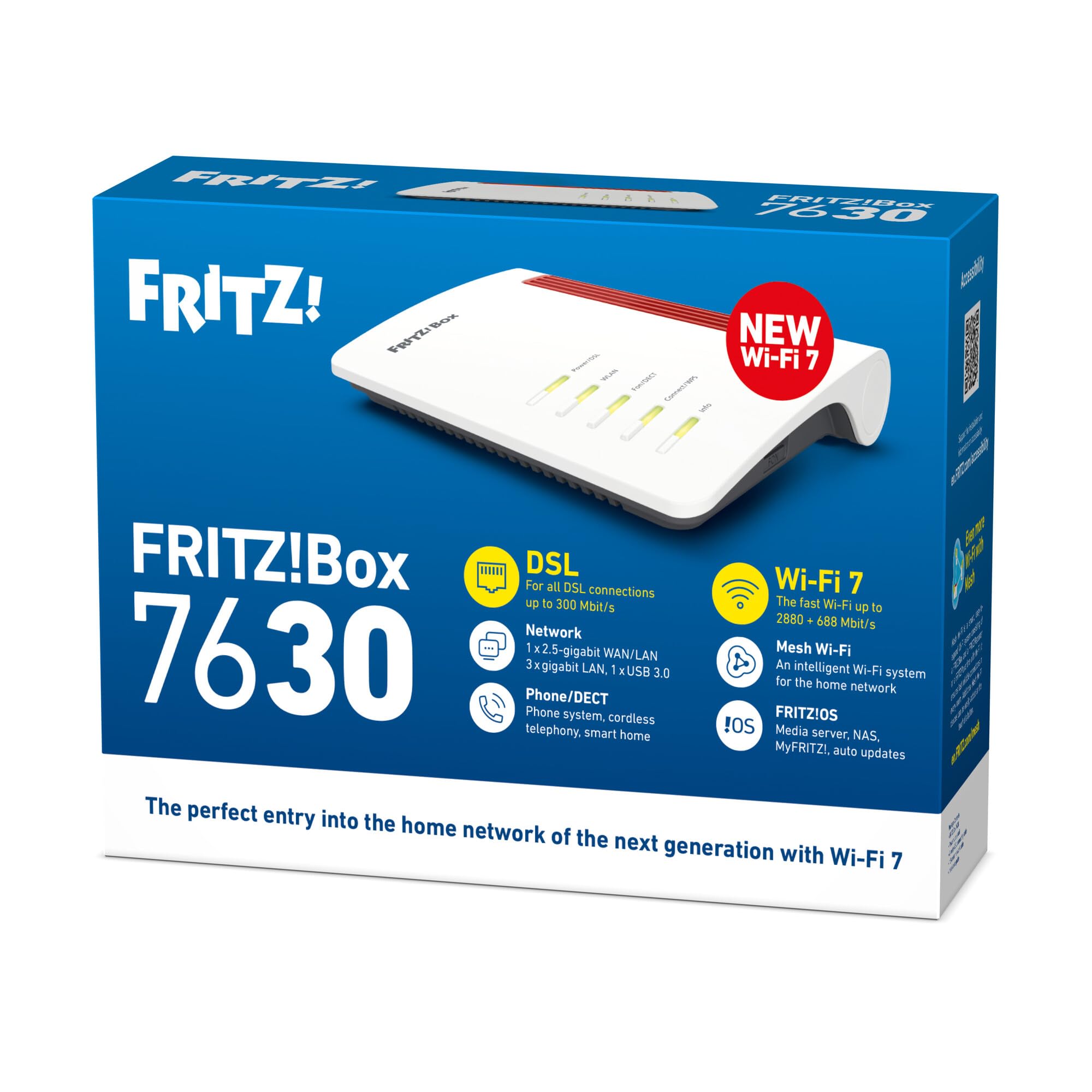 FRITZ! Box 7630 | DSL Router | Wi-Fi 7 bis zu 3,6 Gbit/s | Wi-Fi Mesh Netzwerk | höchster Sicherheitsstandard | Steuergerät für Telefonie und Smart Home | Einfache Einrichtung | Made in Europe