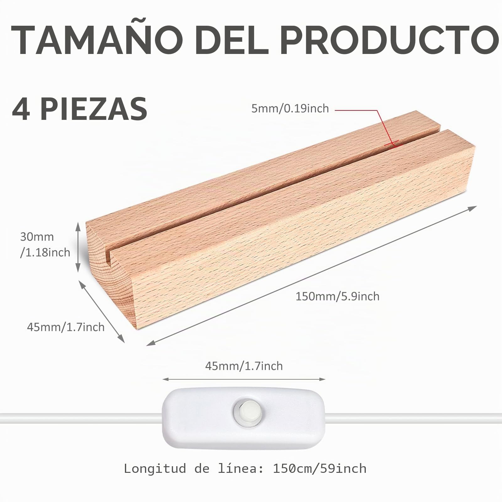 BORDEAG Base de Exhibición de Luces LED, 4 Piezas Base de Madera con Luz Led, Base de Madera Rectangular con USB para Placa Acrílica, Placa de Cristal, 15 cm de Largo, Blanco Cálido