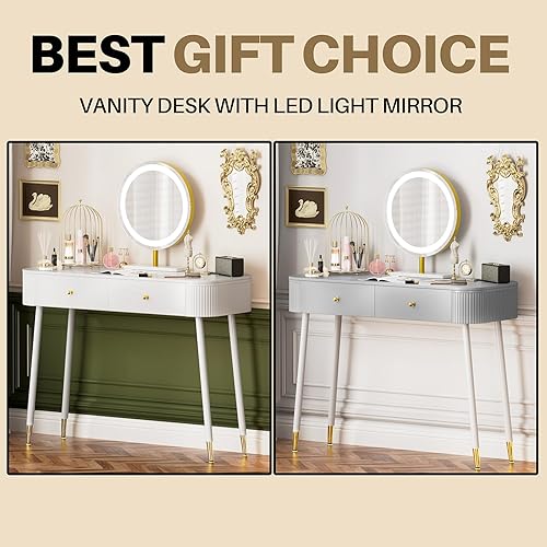 Miniatura 7 de WinZo Mesa de tocador de 40" con espejo y luces, pequeña mesa de maquillaje con 2 cajones de almacenamiento y estación de carga, elegante mesa de