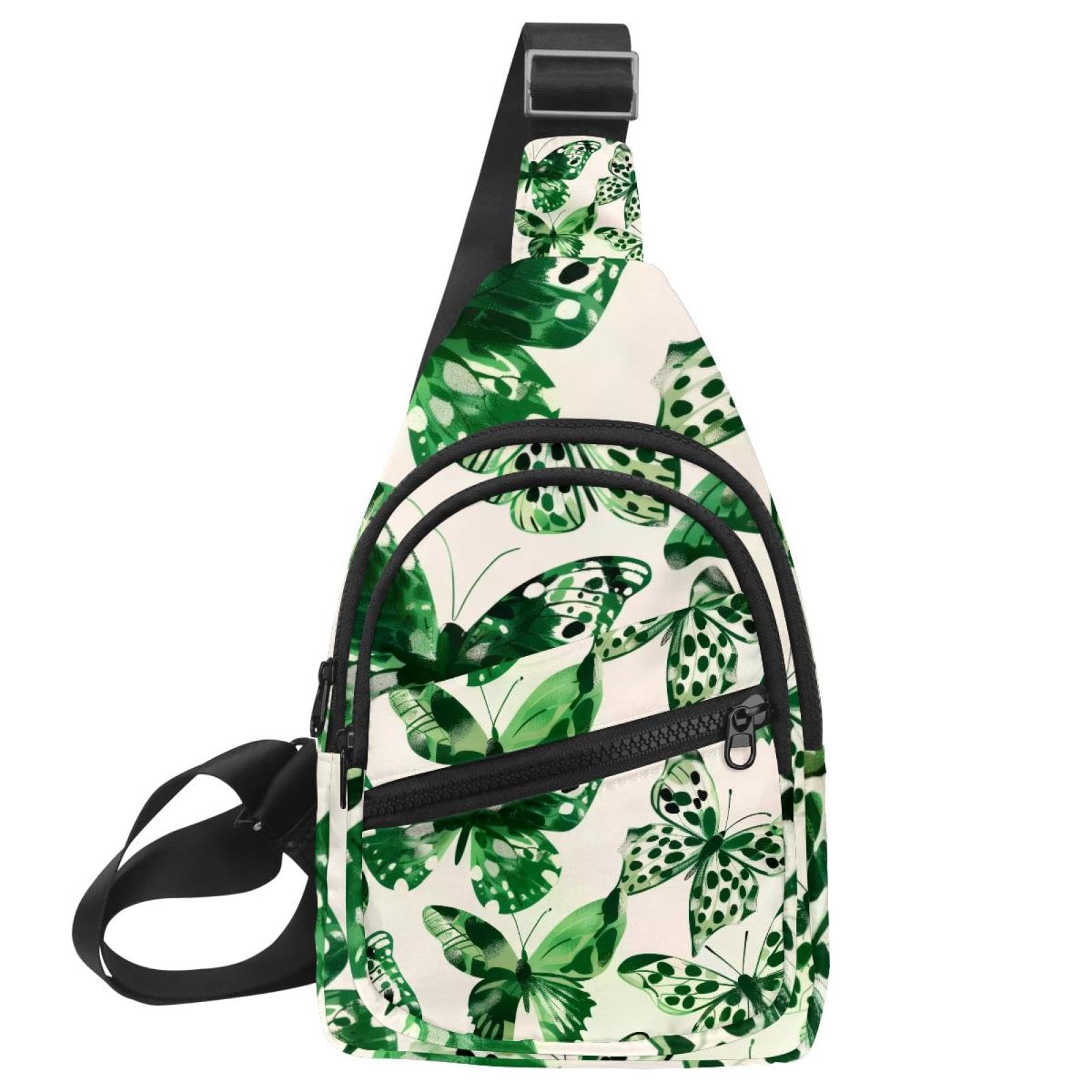 Mochila cruzada verde con estampado de mariposas y correa ajustable 7