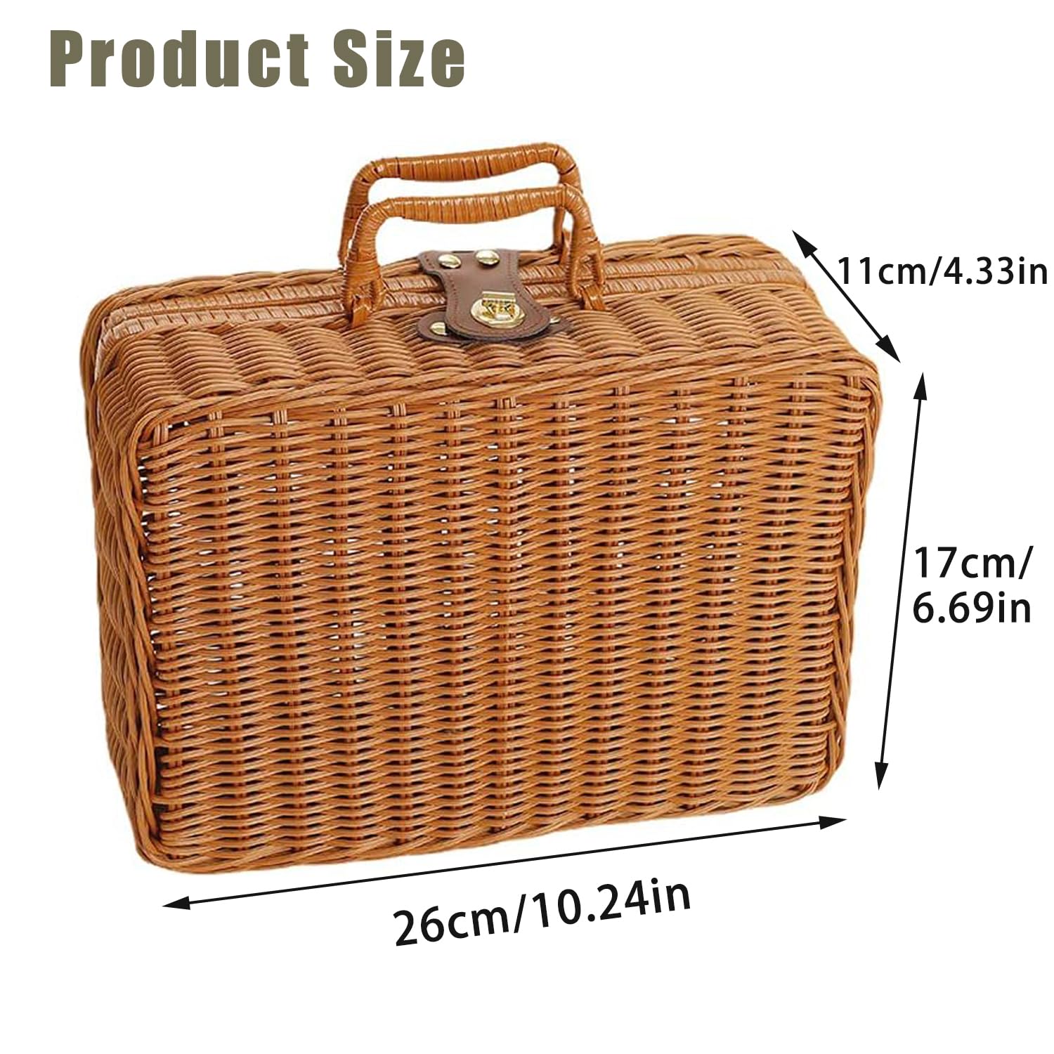 Geflochtener Rattan-Koffer Aufbewahrungskorb mit Griff, Gewebte Picknickbox, Handgewebt, mit Metallschloss, Vintage Geschenkbox aus Weide für Camping, Hochzeit, Fotografie, Deko (Dunkelbraun)
