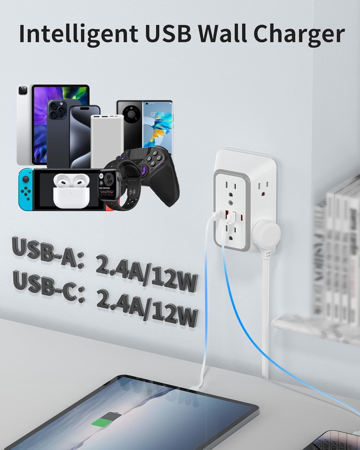 2 Pack Outlet Extender Surge Protector, Power Plug Adapter, 6 Outlet Wall Plugs, Also Equipped with 2 USB A Ports and 2 USB C Ports, 3 Sided Charging Design, Suitable for Home, Travel, and Office