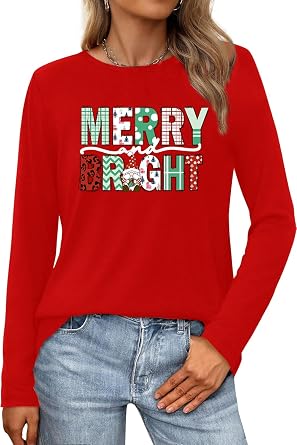 Womens Merry and Bright Shirt Long Sleeve Merry Christmas Gnome T-Shirt Xmas Holiday Tee Tops
