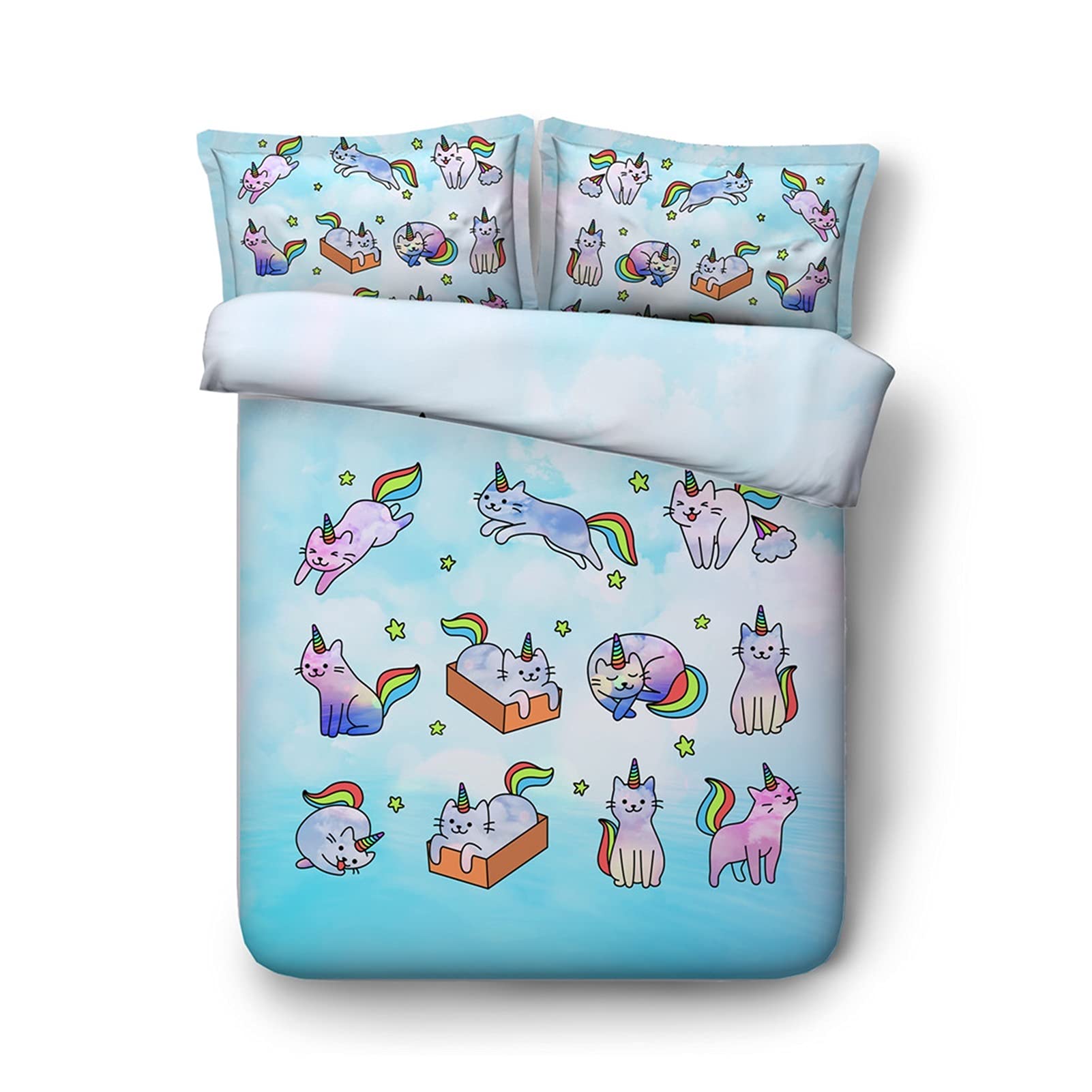 Parure de lit enfant licorne galaxie double size, linge de lit 3 pièces motif étoiles