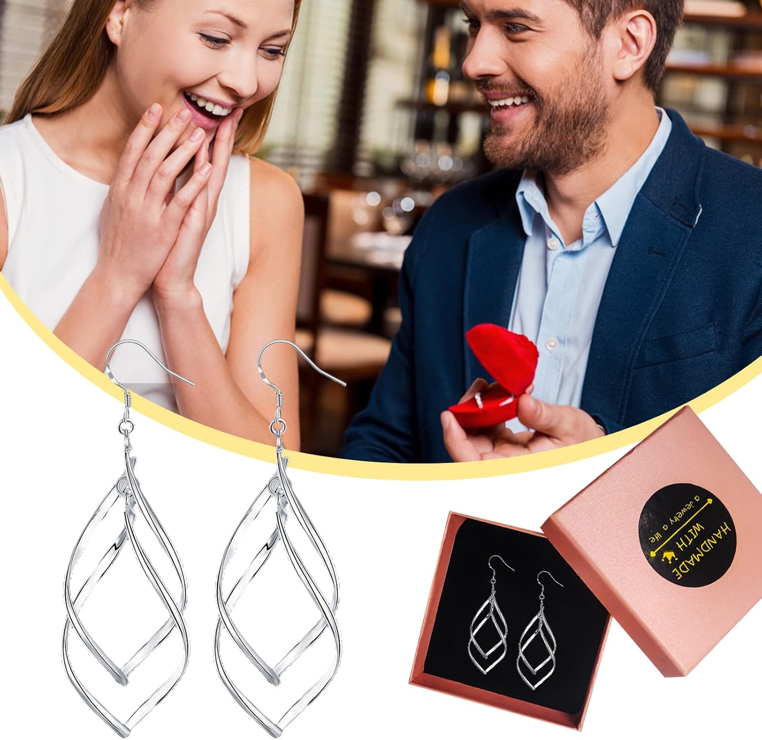 Double Twisted Linear Drop Statement Earrings Sterling Silver Dangle Earrings for Women Marquise Loops French Wire Drop Dangle Earrings for Women Anniversary Birthday Gifts - Image 6