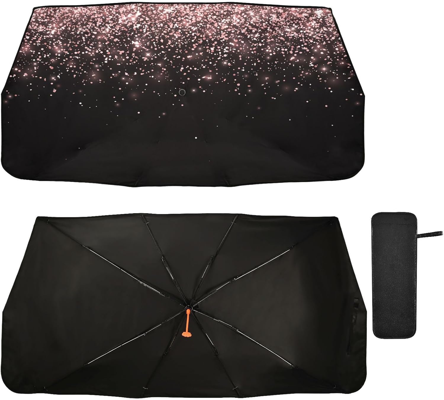 Windshield Sun Shade Auto Rose Gold Black Glitter Sun Visor Bling Sunshades Foldable Umbrella Reflective Interior Protector Automotive Protection Fit Sedan SUV Car, 47.2x58 in