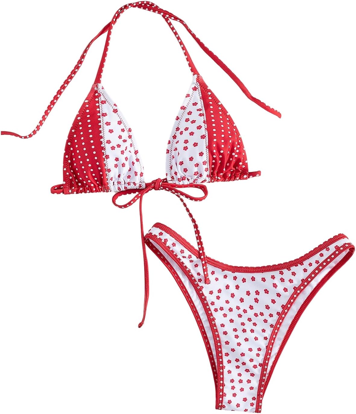 WDIRARA Women's Floral Polka Dots Bikini Sets Triangle Halter String Swimsuit 2 Piece Bathing Suit