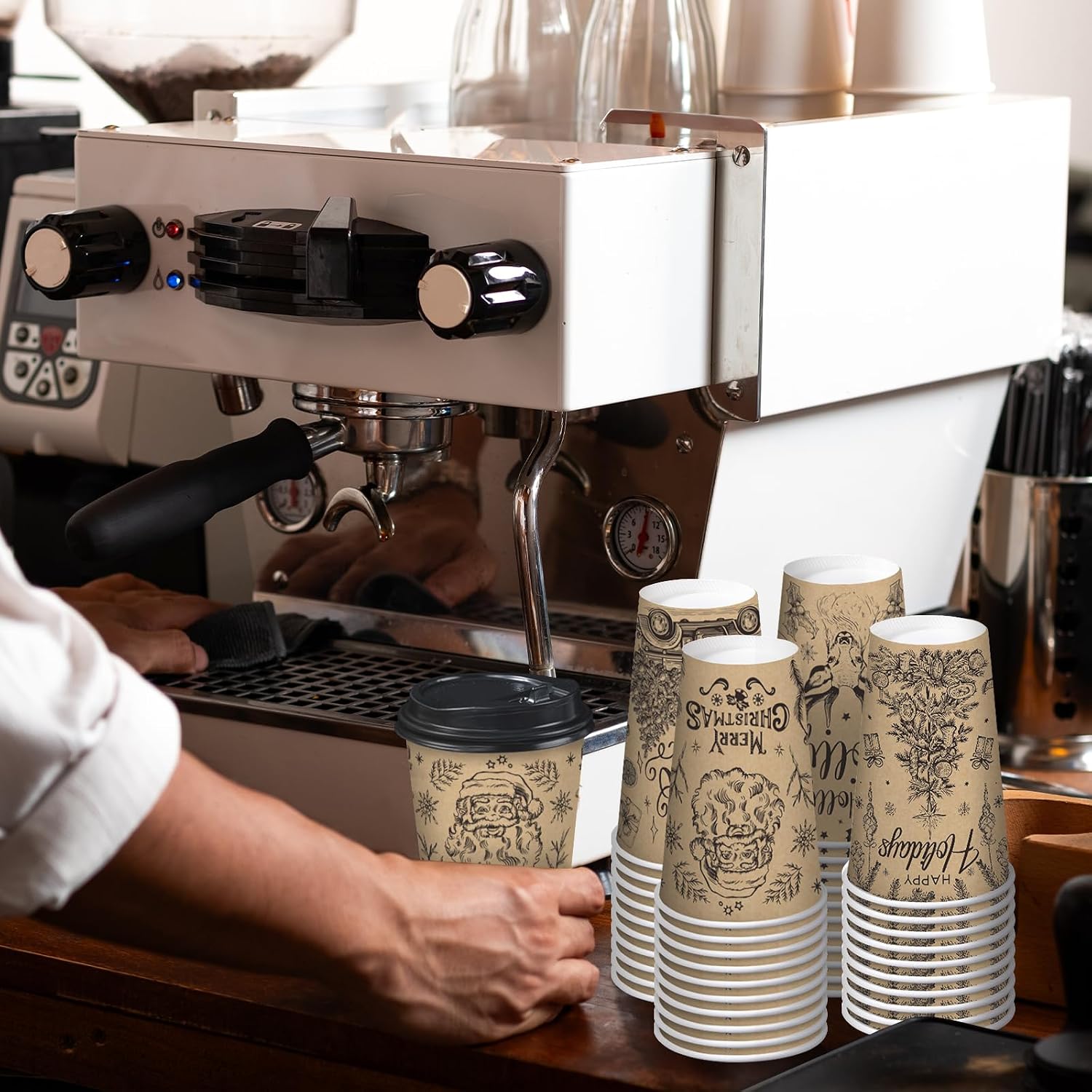 RUSPEPA Disposable Paper Coffee Cups with Lids 16 oz - 48 Pack Christmas Black Design Printed Paper Drinking Cups, Thickened Paper Style for Hot/Cold Beverages, Home, Business, Restaurant and Cafe image 5