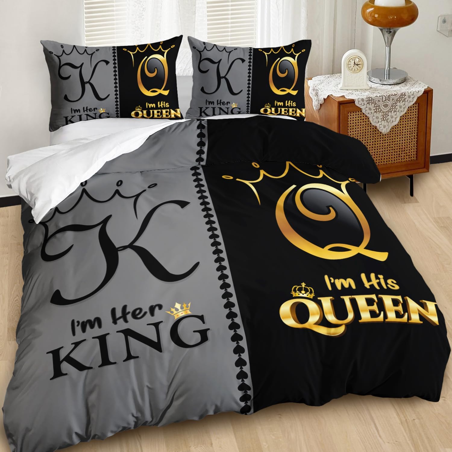 AILONEN Grey and Black Duvet Cover Set King Size, K and Q Printed Crown Couple Bedding Set Gifts,3 Piece His Her Themed Lightweight Microfiber Comforter Cover with 2 Pillowcases - Image 2