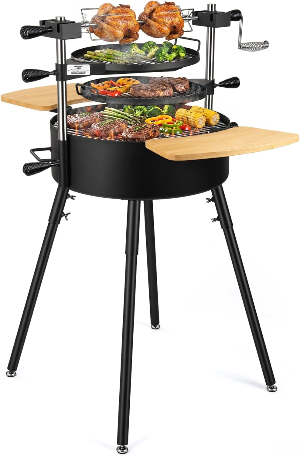 BIG HORN Santa Maria Grill, Portable Argentinian Parrilla with Adjustable Height & 360° Rotating Grates, Charcoal Open Fire BBQ Grill with Rotisserie for Camping, Patio & Backyard