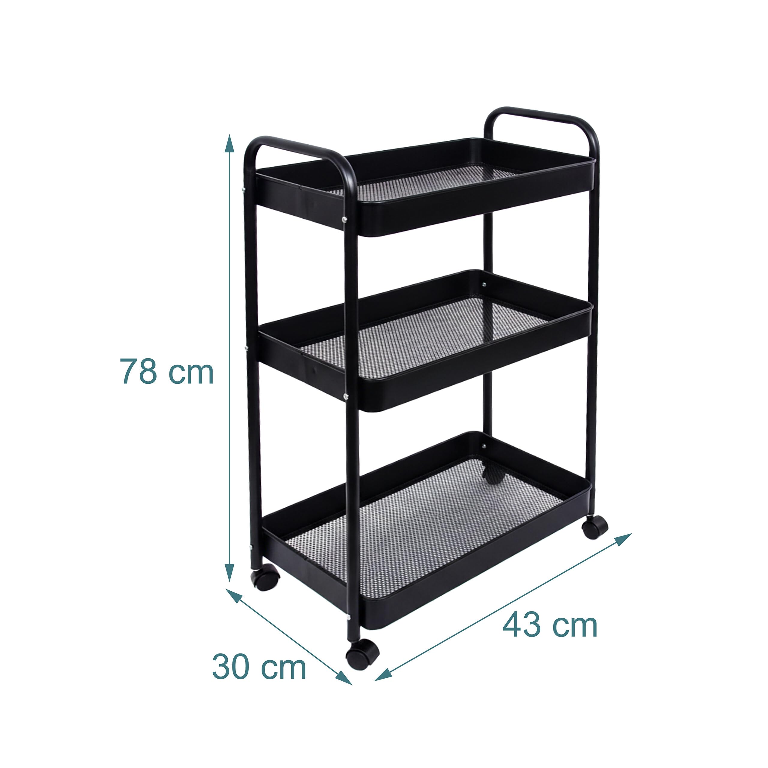 Relaxdays Rollwagen, 3 Mesh-Etagen, Servierwagen, Küchenwagen Bad & Büro, HBT: 78x43x30 cm, Bastelwagen Metall, schwarz
