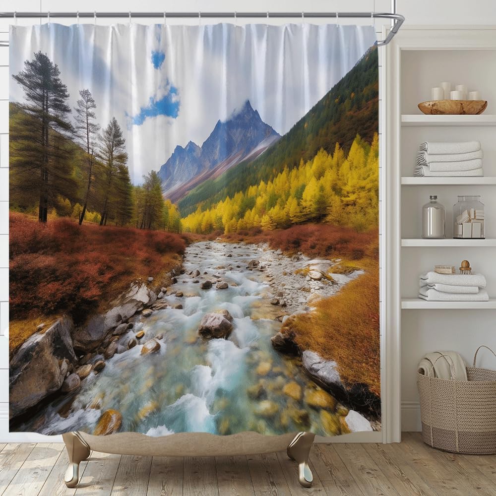 AMFD Italian Shower Curtain European Old Mediterranean Village Street Garden Greece Nature Scene City Decor Home Bathroom Bathtub Curtains Set Include Hooks, (70"" Wx74.8 H), Red Green