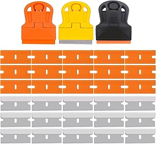 3 Pack Razor Blade Scraper Scraper Tool with Extra 15 Plastic Razor Blades and 15 Metal Blades，Adhesive Remover Removing Labels Stickers Taping on Glass Windows，Decal Sticker Remover