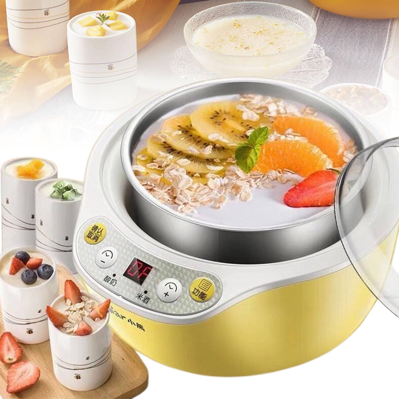 Yogurtera Automática De 1000 Ml, con Revestimiento De Acero Inoxidable 304 Y 4 Tazas, Pantalla LED + Temporizador, para Yogurtera Casera, Máquina para Hacer Queso, 20 W