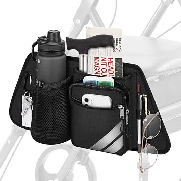 FINPAC Rollator Side Storage Bag with Cup Holder for Bariatric Walkers, Wheelchairs - Rollator Attachment Organizer with Phones, Pens, Eyeglasses, Folding Cane Pouch for Seniors and Elderly Black
