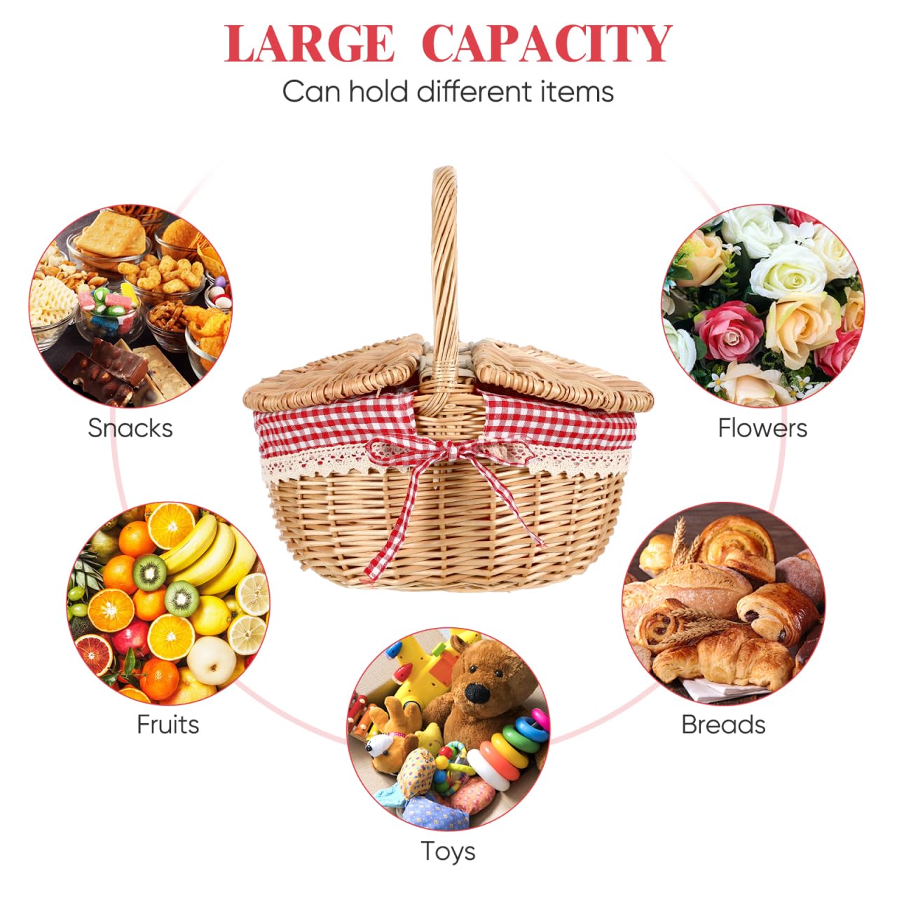 Alipis Cestino Da Picnic Vimini Con Doppio Coperchio Manico Portatile 5X7X5 Pollici Cesto Intrecciato Per Conservazione Alimenti E Accessori Esterni Casa