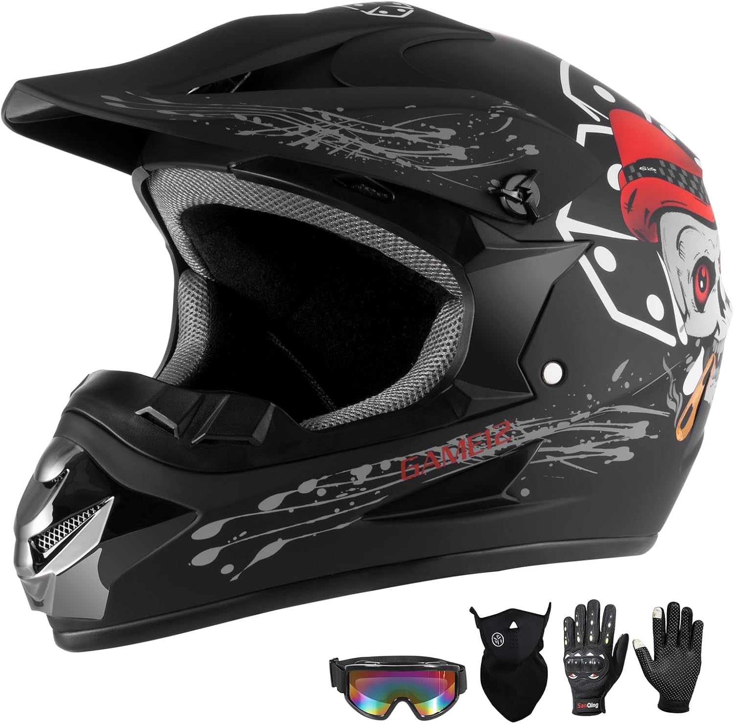 Youth Kids Dirt Bike Motocross Helmet (Goggles Gloves Face Mask) 4PCS Set, DOT Approved Full Face Motorcycle Helmets,ATV BMX MX Mountain Bike Off Road Kid Helmet (Black Skull,S)