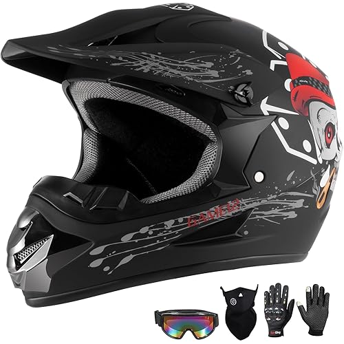 Youth Kids Dirt Bike Motocross Helmet (Goggles Gloves Face Mask) 4PCS Set, DOT Approved Full Face Motorcycle Helmets,ATV BMX MX Mountain Bike Off Road Kid Helmet (Black Skull，M)