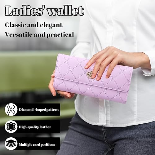 Miniatura 4 de Cartera larga de cuero con tres pliegues para mujer, con cremallera, hebilla elegante, cartera de mano para mujer, Púrpura, Moda
