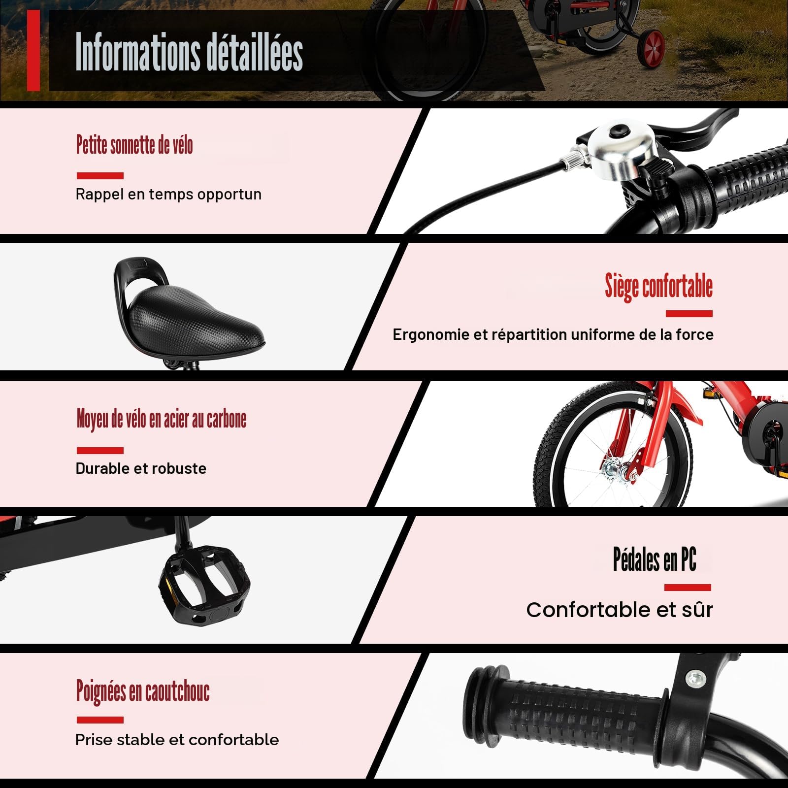 Vélo pour enfant de 3 à 6 ans, vélo avec roues stabilisatrices amovibles, double système de freinage, siège et accoudoirs réglables, plusieurs couleurs
