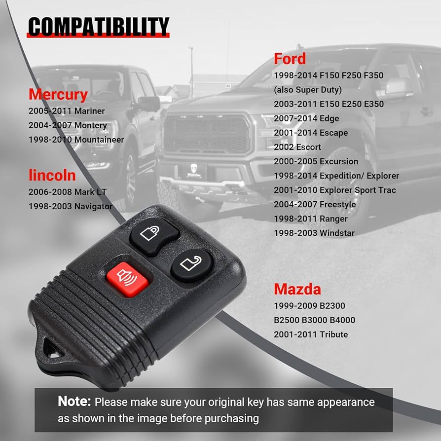 thumbnail interactive-video image 1 of 2 Key Fob Remote Replacement Fits For 1998-2016 F150 F250 F350 Ranger Escape Explorer Focus E150 Expedition Mazda Mercury Lincoln Mkz Mkx Cwtwb1u345 Cwtwb1u33 Keyless Entry Remote Control 3 Button 1 of 9