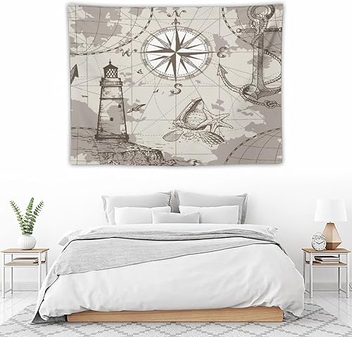 Miniatura 5 de Tapiz de mapa oceánico, faro, barco, ancla y brújula, estampado, tapiz para dormitorio, sala de estar, decoración de 30 x 40 pulgadas