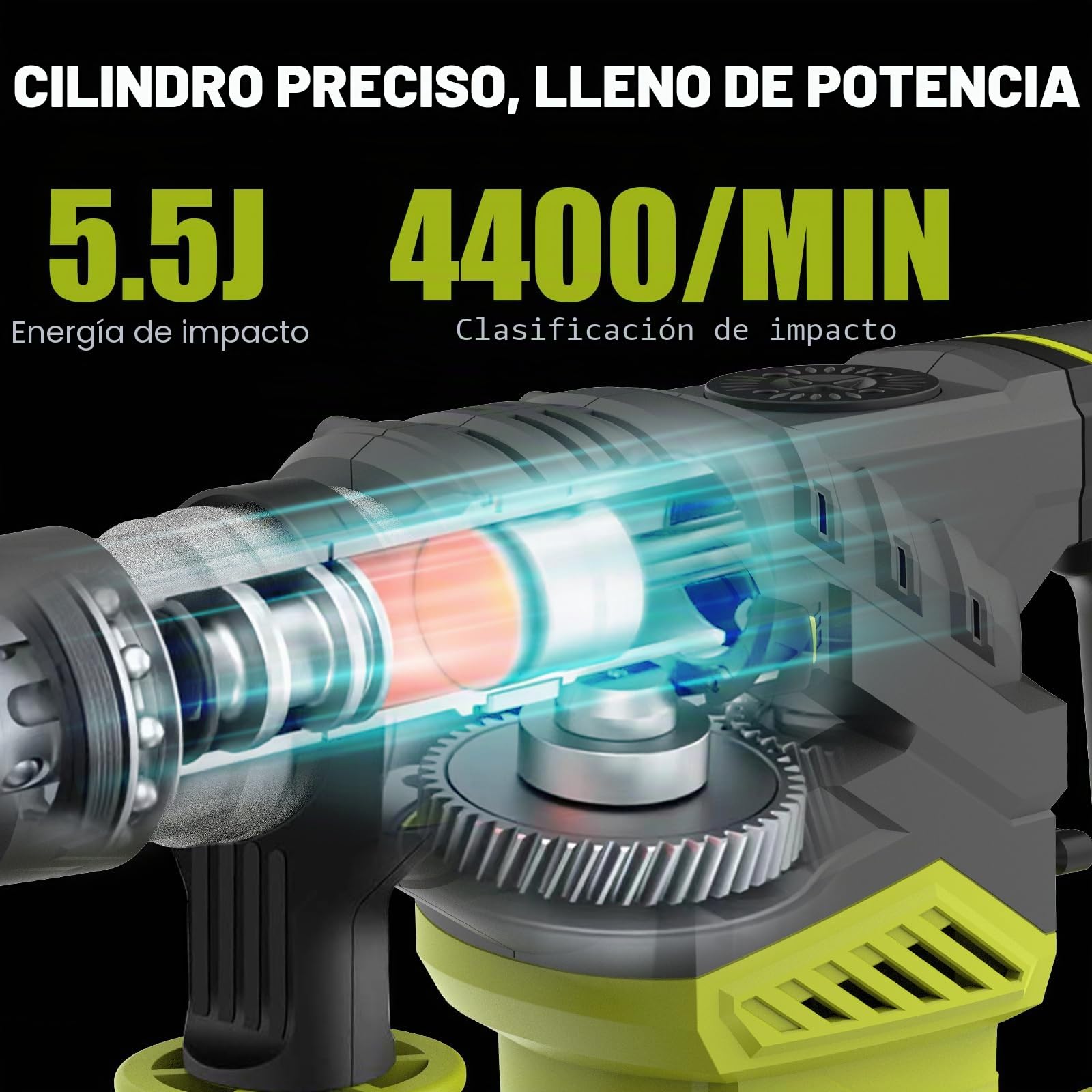 DEWINNER Martillo Percutor SDS-Plus,1500 W, 6 velocidades, 850RPM, 4400BPM, 5.5J, embrague de seguridad y tecnología antivibración, 3 funciones, incluye organizador, cincel y broca de 32mm