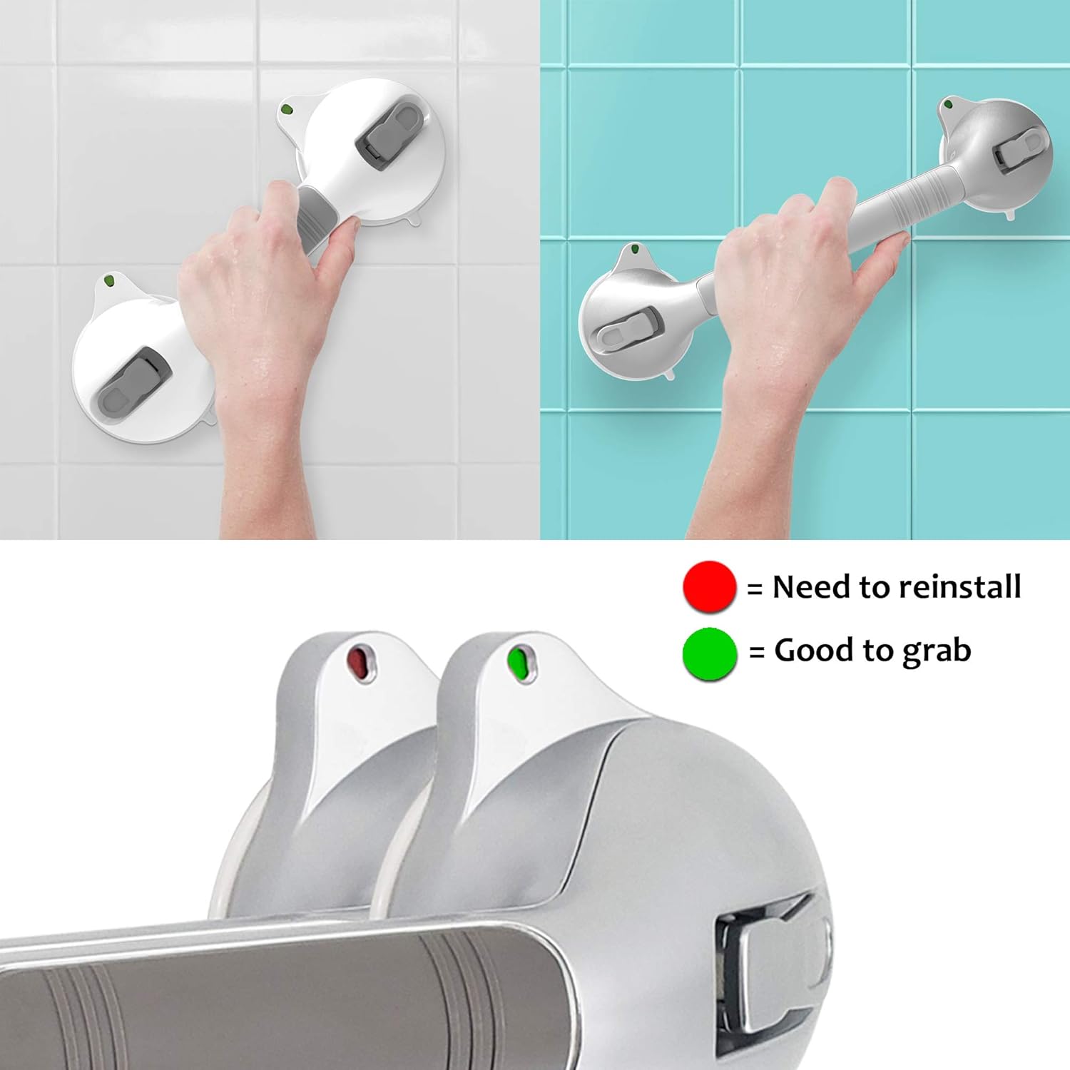 ❤ Crazy Deals AmeriLuck 16.5in Suction Bath Grab Bar with Indicators, Balance Assist Bathroom Shower Handle (White/Yellow, Pack of 2)