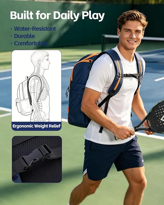 Pickleball Bag for Men Women, Pickleball Backpack with Detachable Paddle Sleeve, Large Capacity Sports Bag with Shoe Compartment, Travel Gym Backpack Fits 15.6 Laptop
