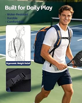 Pickleball Bag for Men Women, Pickleball Backpack with Detachable Paddle Sleeve, Large Capacity Sports Bag with Shoe Compartment, Travel Gym Backpack Fits 15.6 Laptop