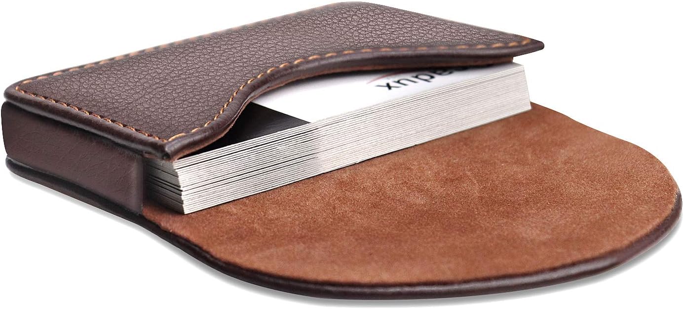 Cofee Leather Business Card Holder Case for Men or Women Pocket Business Card Wallet Name Card Case Holder with Magnetic Shut, Holds 25 Business Cards, Coffee