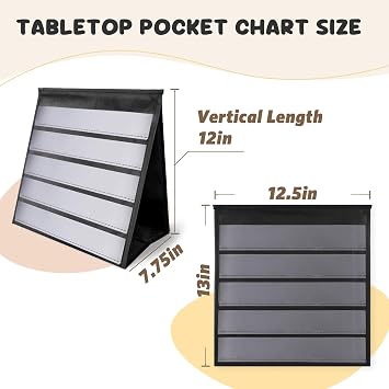 TOGETRUE Tabletop Pocket Chart, Standard Double Sided Pocket Chart for Classroom, Self-Standing Desktop Learning Pocket Chart with 5 Straps, Tabletop Stand Decor for Teacher, Home, 12.5 x 12.75