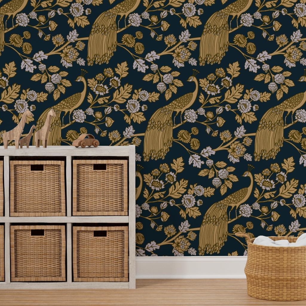 Removable Wallpaper 3ft x 2ft - Peacock Garden Rococo Baroque Chinoiserie Ornamental Decorative Midnight Gold Ornate Asian Black Custom Pre-Pasted Wallpaper by Spoonflower