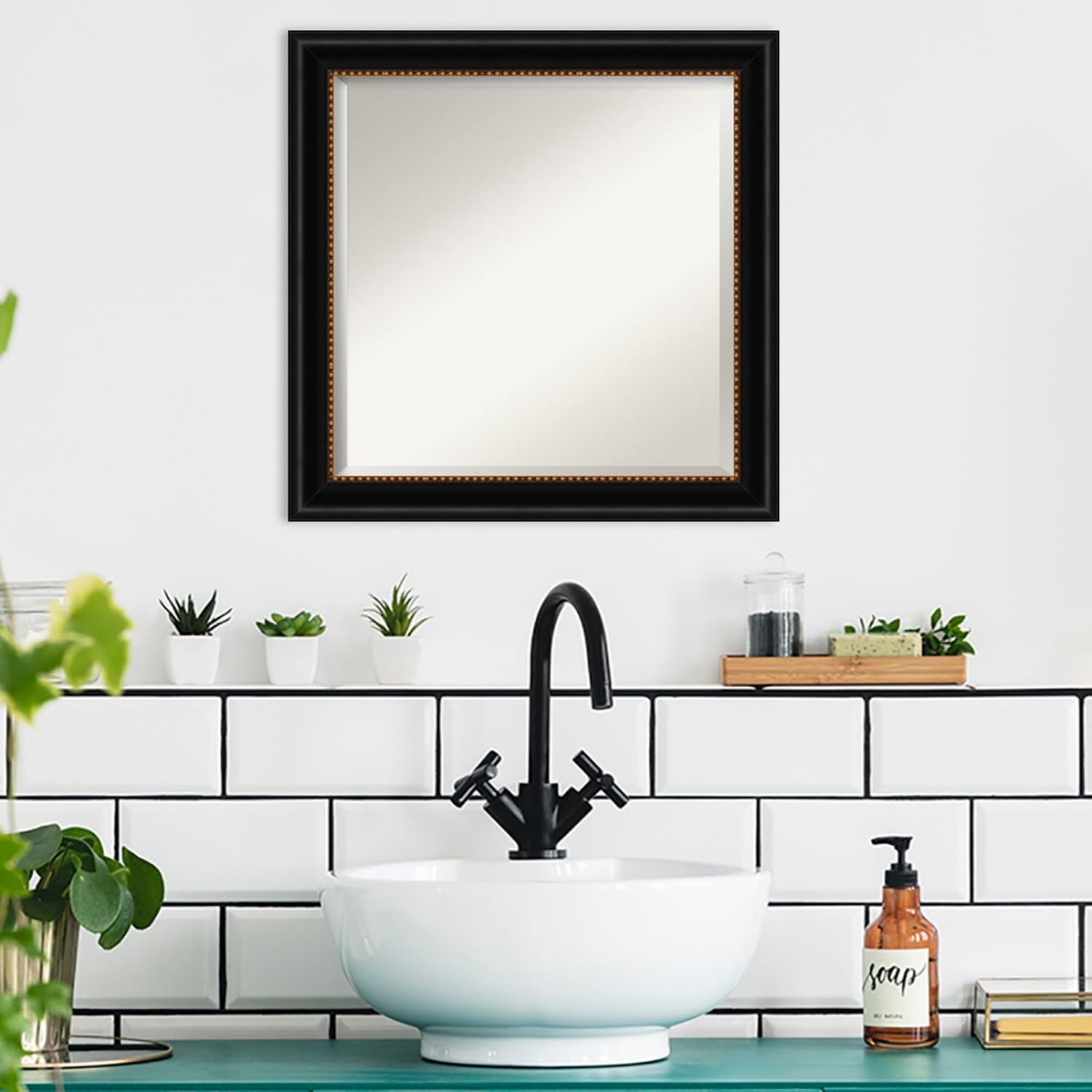 Amanti Art Black Bathroom Mirror for Over Sink, 24x24 Manhattan Black Square Vanity Mirror, Medium Traditional Frame, Hangs Horizonally and Vertically, Bathroom Wall Decor, Beveled Edge