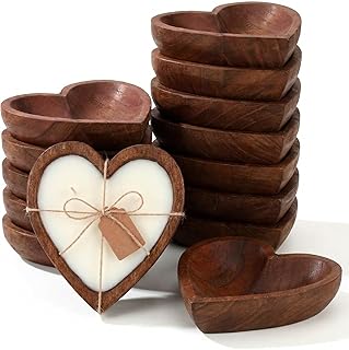 Tioncy 12 Pcs Wooden Dough Bowls Rustic Decorative Wood Dough Bowls Bulk for Decor with Card, Hand Carved Paulownia Wood, for Home Decor Candle Wedding Gifts Crafts Farmhouse Tray(Heart)