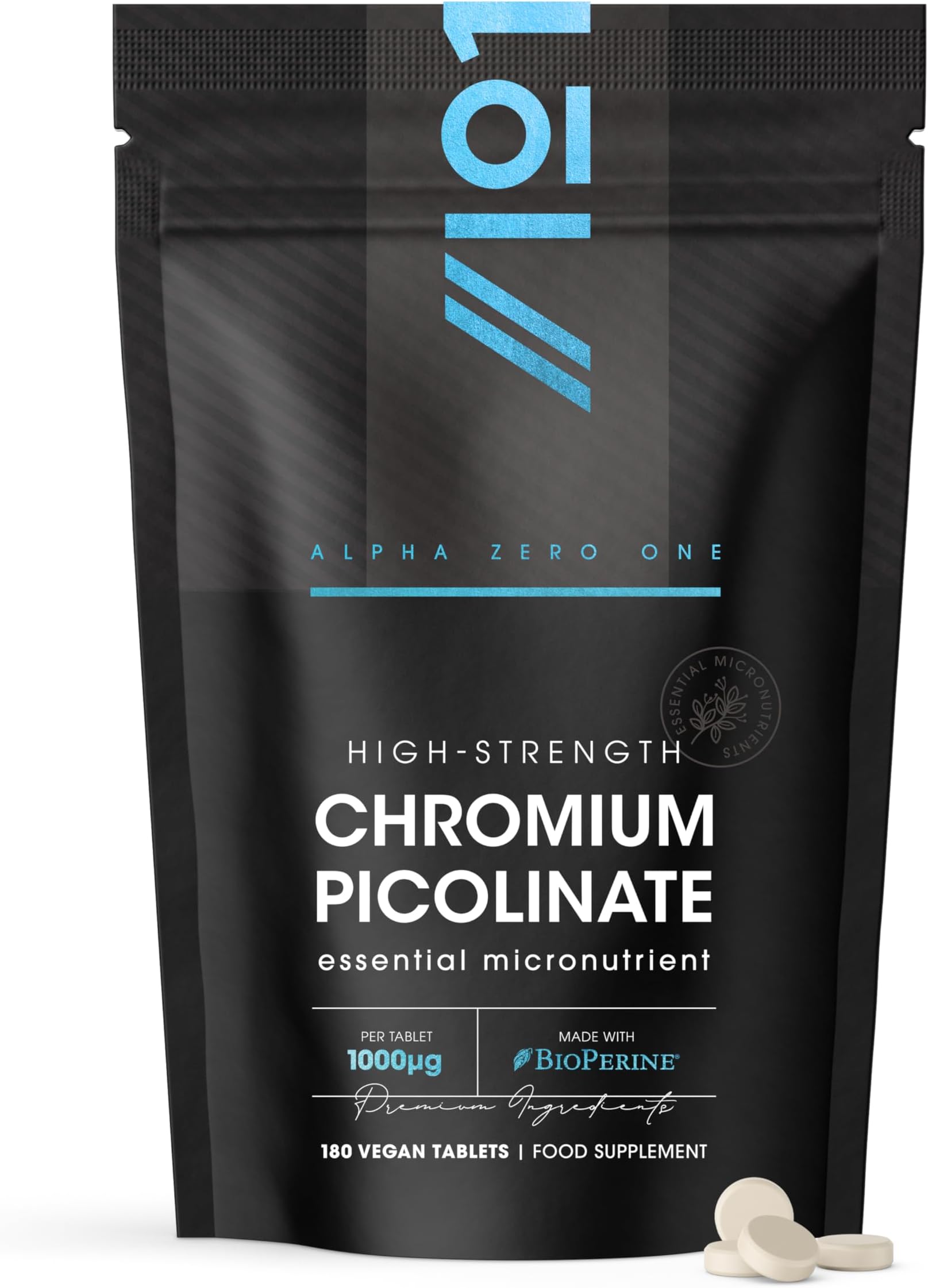 Chromium Picolinate 1000mcg– 180 Vegan Tablets – Blood Sugar + Metabolism Support – 6 Months Supply - Resealable and Recyclable Pouch by Alpha01