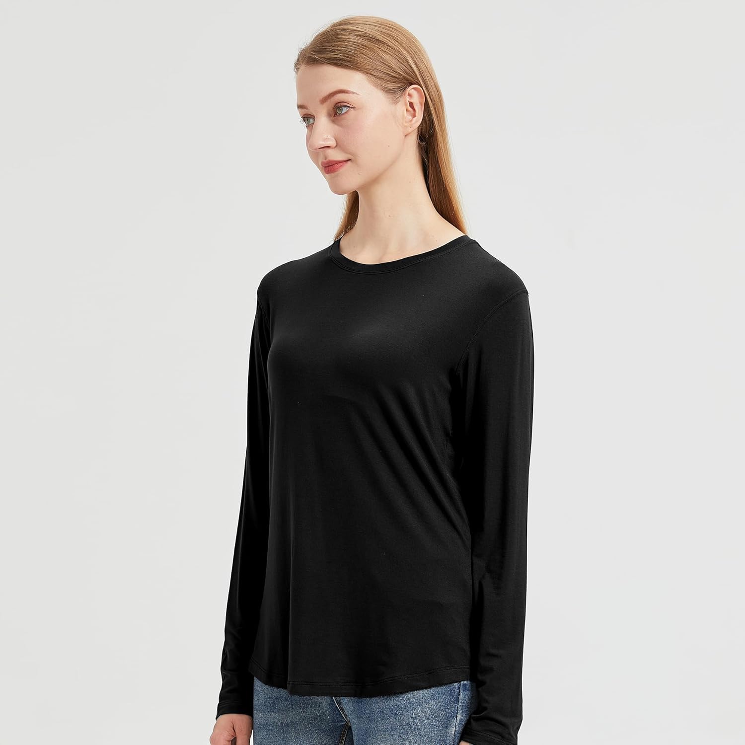 netdraw Women's Lightweight Bamboo Viscose T-Shirt Buttery Soft Curved Hem Long Sleeve Sleep Lounge Pajama Tops - Image 2