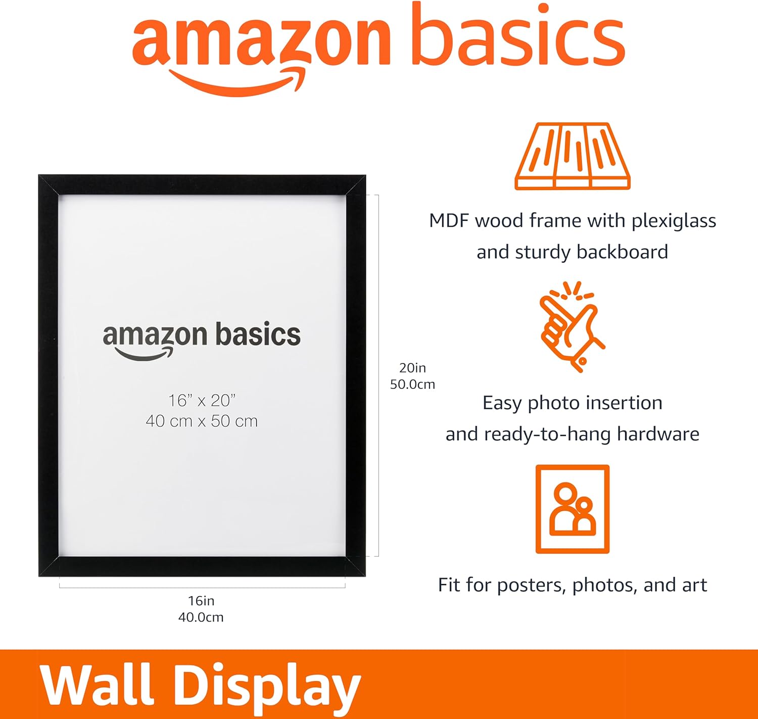 Amazon Basics Wood Poster Rectangular Frame, 16" x 20", Black 16'' x 20''