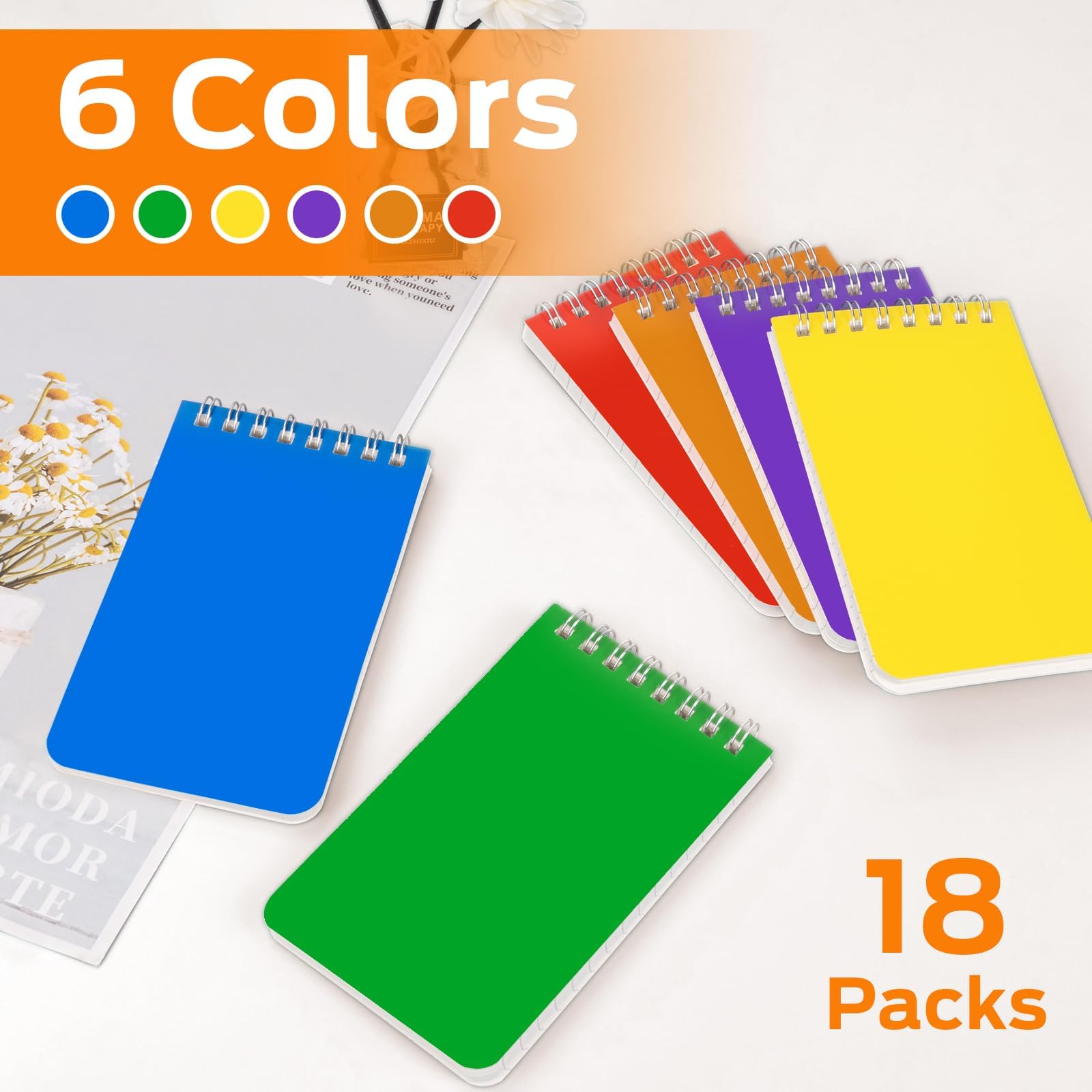 Cuaderno de bolsillo a granel de 3 x 5 pulgadas, 18 paquetes de bloc de notas en espiral con encuadernación superior, blocs pequeños de 6 colores, 60 hojas/120 páginas (80 g/m²) blocs de notas para el