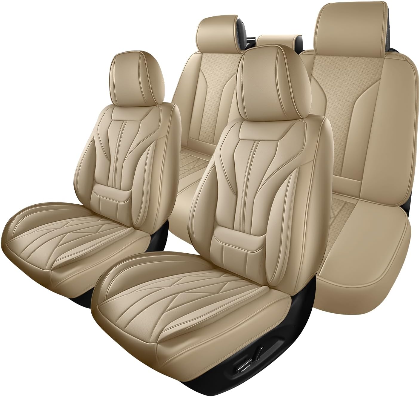 Car Seat Covers Full Set, Full-Wrap Waterproof Faux Leather with Memory Foam Lumbar Support, Airbag Compatible, Universal Fit for SUV Truck Pickup Sedan (Beige)