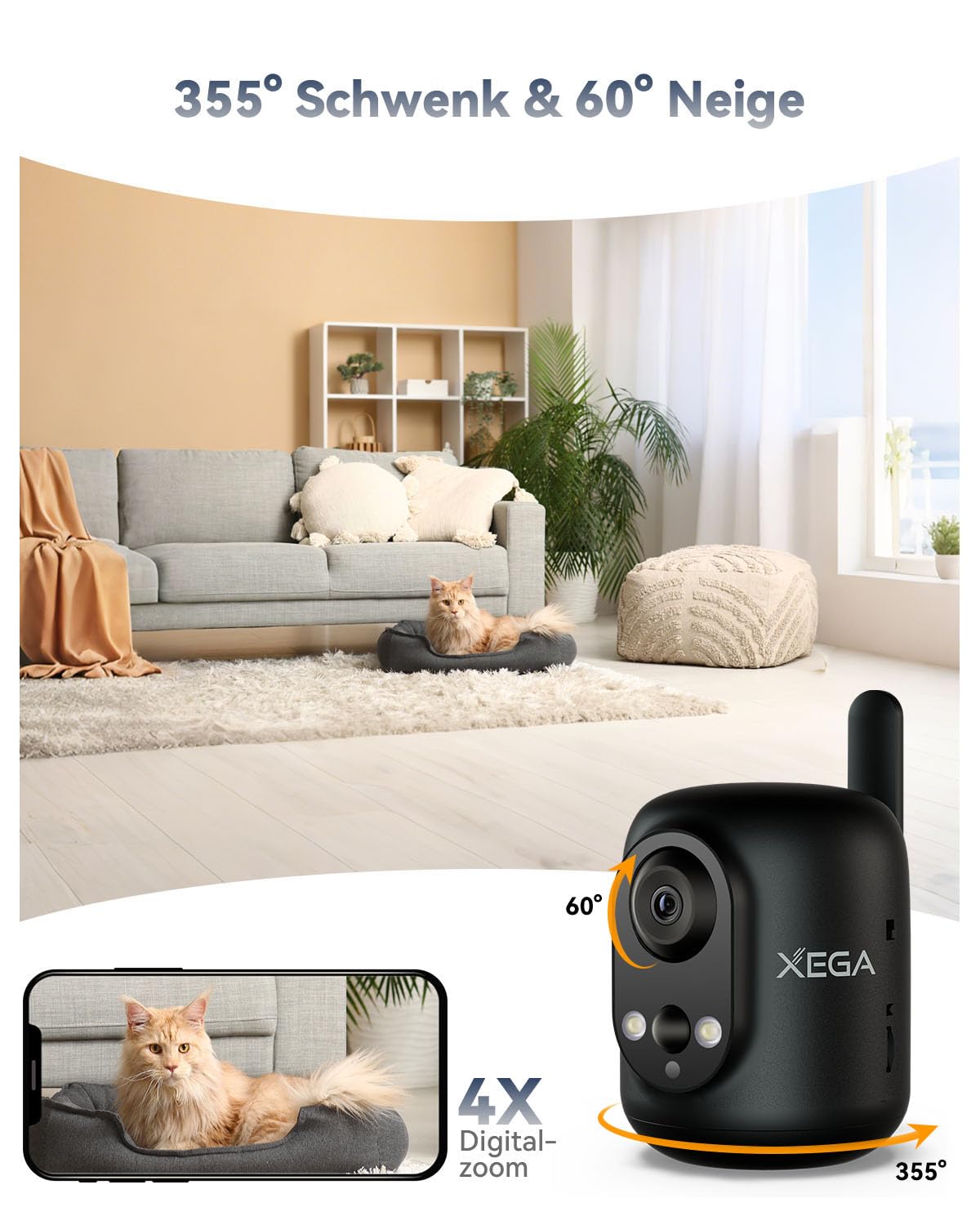 Xega 4G LTE Überwachungskamera Innen mit SIM Karte Ohne WLAN, 2K Kabellose Kamera für Babys/Haustiere/Senioren, 355°P/60°T, 6000mAh Akku, Farb-Nachtsicht, PIR Kennung, TF/Cloud, Nicht Wasserfest